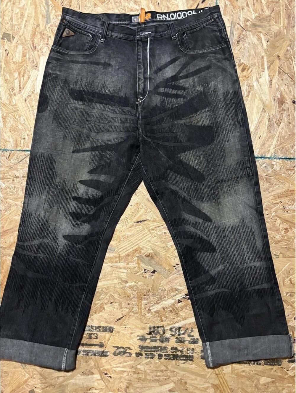 Vintage Y2K Akademiks Jeans Mens 40 Black Bleached Flame Print Denim Baggy